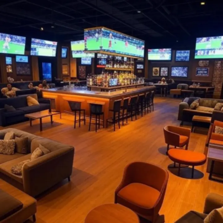 Nowoczesne, przytulne wnętrze PLCityClub z drewnianymi stołami i dużymi ekranami