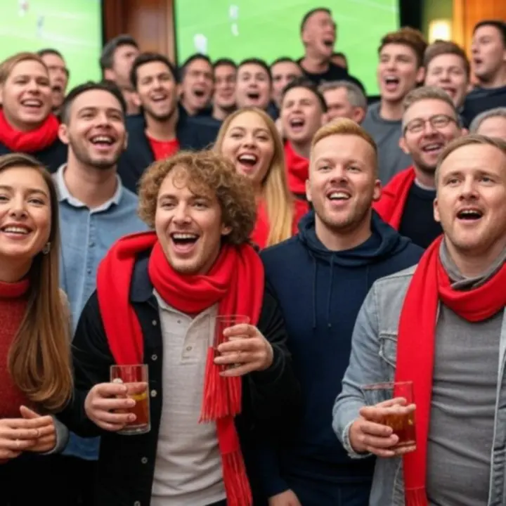 Tłum kibiców oglądających mecz tygodnia na dużym ekranie w PLCityClub