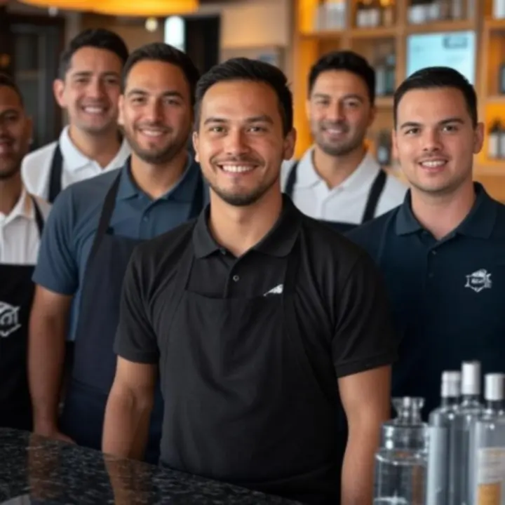 Zespół profesjonalnej obsługi PLCityClub uśmiechający się za barem